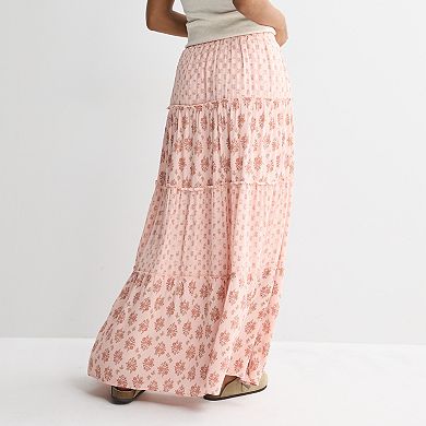 Juniors' Pink Rose Elastic Waist Multi Tier Skirt