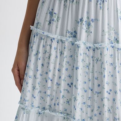 Juniors' Pink Rose Elastic Waist Multi Tier Maxi Skirt