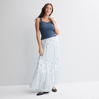 Juniors' Pink Rose Elastic Waist Multi Tier Maxi Skirt