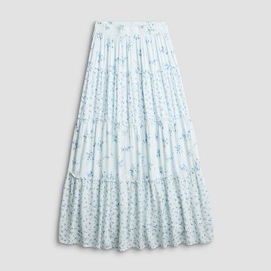 Juniors' Pink Rose Elastic Waist Multi Tier Maxi Skirt