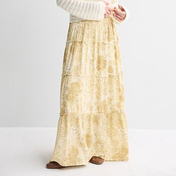 Juniors' Pink Rose Elastic Waist Multi Tier Maxi Skirt