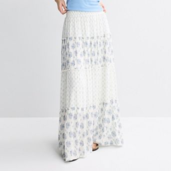 Juniors' Pink Rose Elastic Waist Multi Tier Maxi Skirt