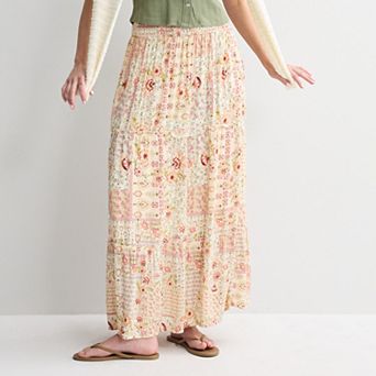 Juniors' Pink Rose Elastic Waist Multi Tier Maxi Skirt