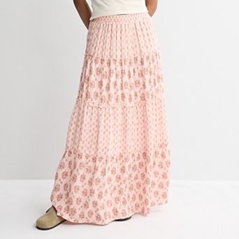 Juniors' Pink Rose Elastic Waist Multi Tier Maxi Skirt