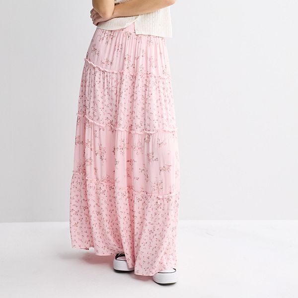 Juniors' Pink Rose Elastic Waist Multi Tier Maxi Skirt