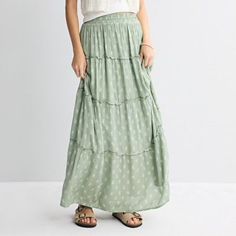 Juniors' Pink Rose Elastic Waist Multi Tier Maxi Skirt