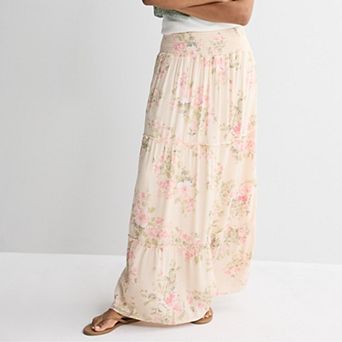 Juniors' Pink Rose Elastic Waist Multi Tier Maxi Skirt