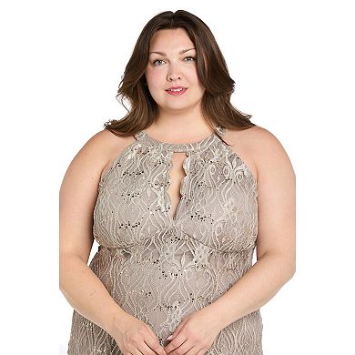 Plus Size R&M Richards Long Glitter Lace Scalloped Bodice Dress