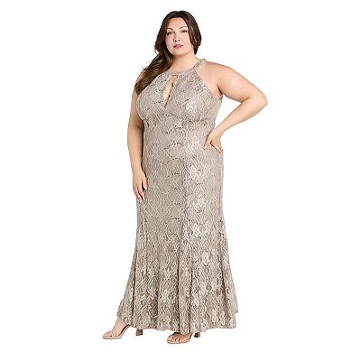 Plus Size R&M Richards Long Glitter Lace Scalloped Bodice Dress