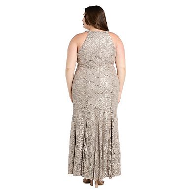 Plus Size R&M Richards Long Glitter Lace Scalloped Bodice Dress