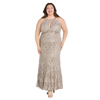 Plus Size R&M Richards Long Glitter Lace Scalloped Bodice Dress