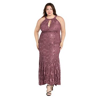 Plus Size R&M Richards Long Glitter Lace Scalloped Bodice Dress