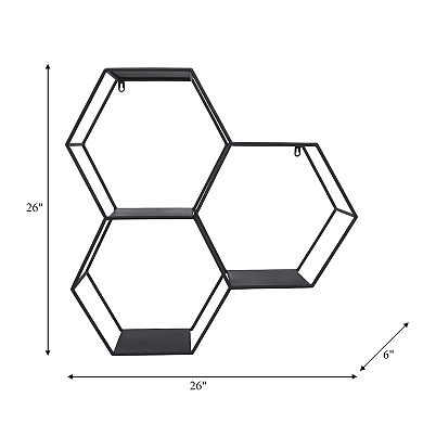 26" Hexagon Wall Shelf - Black Iron Hexagonal Mounted Decorative Storage - Contemporary Hanging