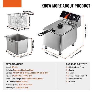Commercial Deep Fryer 1750W Adjustable Single Tank 12Qt Oil Fryer