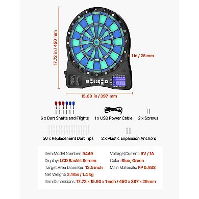 Electronic Dartboard LED Target with 48 Games and 500 Variations for 8 Players