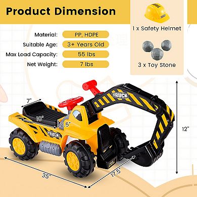 Ride On Push Bulldozer Digger Toy with Helmet and Working Shovel