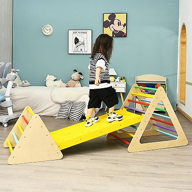 3-in-1 Wooden Triangle Climber Set with Ramp and Slide