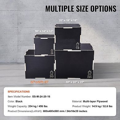 3-in-1 Plyometric Jump Box Set, 24/20/16 Inch Wooden Agility Box, Black