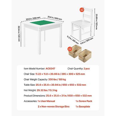 Kids Activity Table & 2 Chairs Set White with Double-Sided Block Top & Storage
