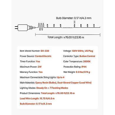 76ft LED Christmas Lights, 200 Warm White, 8 Modes