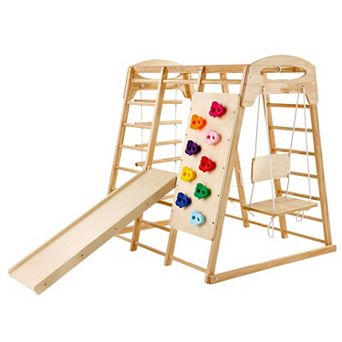 7-in-1 Wooden Indoor Jungle Gym with Swing, Slide & Climbing Wall for Toddlers