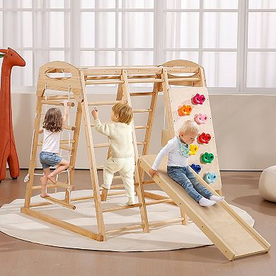 7-in-1 Wooden Indoor Jungle Gym with Swing, Slide & Climbing Wall for Toddlers