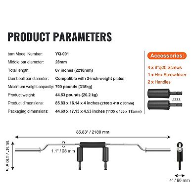 Safety Squat Bar 700 LB Capacity with Shoulder and Arm Pads