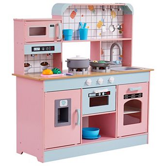 Play Kitchen for Kids, Wooden Toy Kitchen Set with Lights and Sounds