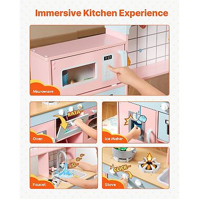 Play Kitchen for Kids, Wooden Toy Kitchen Set with Lights and Sounds