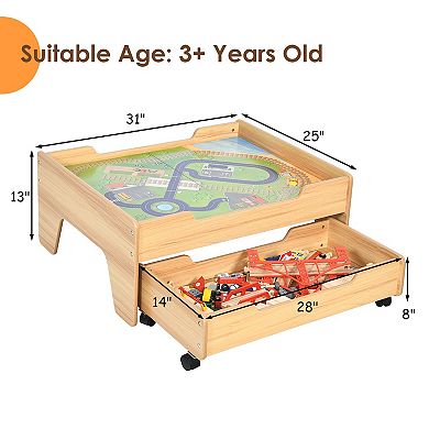 Children's Wooden Railway Set Table with 100 Pieces Storage Drawers