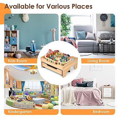 Children's Wooden Railway Set Table with 100 Pieces Storage Drawers