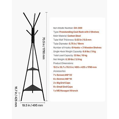 Coat Rack Freestanding with 2 Shelves and 6 Hooks for Bedroom Living Room