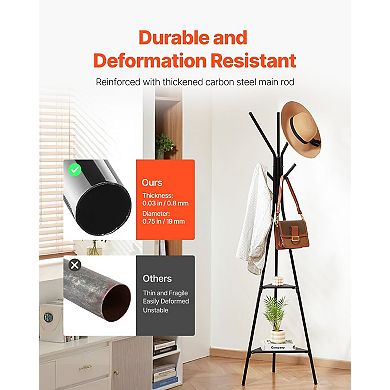 Coat Rack Freestanding with 2 Shelves and 6 Hooks for Bedroom Living Room