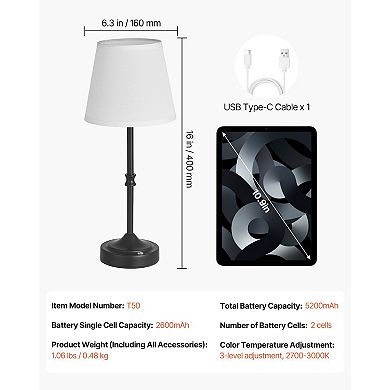 Cordless Rechargeable Desk Lamp with 5200mAh Battery & Fabric Shade