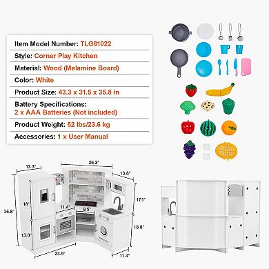 Corner Wooden Play Kitchen, Toy Set with Lights and Sounds