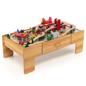 Kids Double Sided Wooden Train Table Playset with Storage Drawer