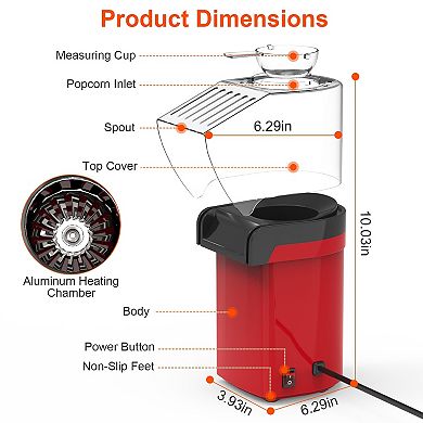 1200W Hot Air Popcorn Maker Oil-Free Mini Popper with Measuring Cup & Butter Warmer