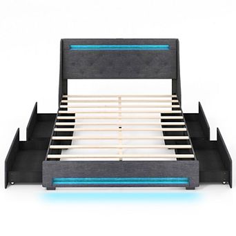 Full Size Platform Bed with LED Wingback Headboard and USB Charging Ports-Grey
