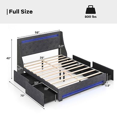 Full Size Platform Bed with LED Wingback Headboard and USB Charging Ports-Grey