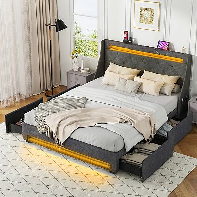 Full Size Platform Bed with LED Wingback Headboard and USB Charging Ports-Grey