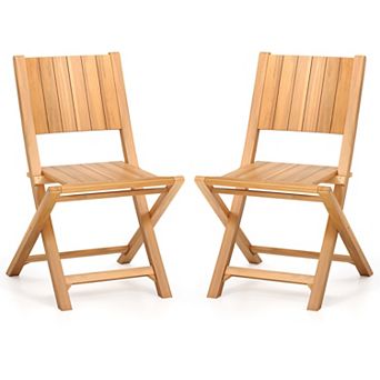 2 pc Teak Wood Outdoor Dining Chairs with Slatted Seat