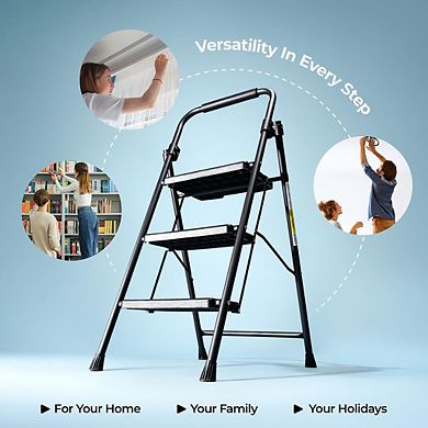 3-Step Folding Step Ladder Lightweight Steel with Wide Anti-Slip Pedals for Home & Office