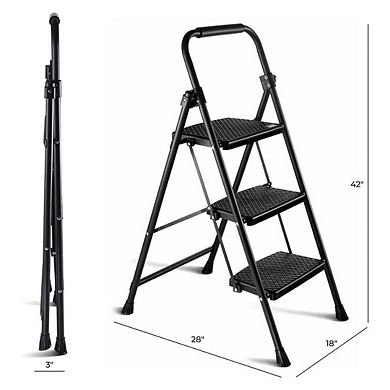 3-Step Folding Step Ladder Lightweight Steel with Wide Anti-Slip Pedals for Home & Office