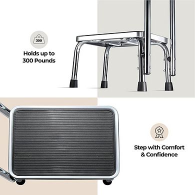 Step Stool with Handle, 330 lbs Capacity Sturdy Chrome Steel Non-Slip Safety Step