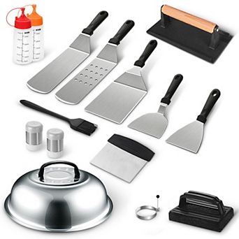 Cheer Collection 18 pc Stainless Steel Griddle Tool Kit with Spatulas Press and Cooking Essential
