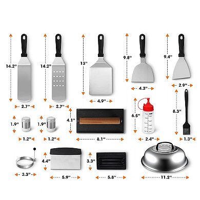 Cheer Collection 18 Piece Stainless Steel Griddle Tool Kit with Spatulas Press and Cooking Essential