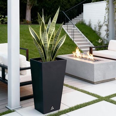 30" Tall Outdoor Planter with Drainage Holes & Insert Tray Durable Modern Resin Design