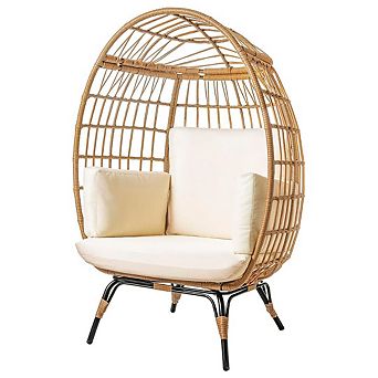 Wicker Egg Chair PE Rattan Patio Chair with Steel Frame & Ivory Cushion for Indoor/Outdoor