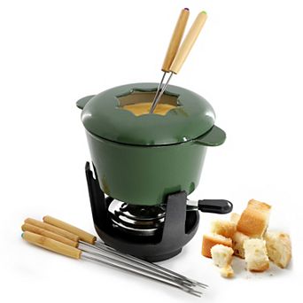 Enameled Cast Iron Fondue Pot with 6 Serving Forks in Green