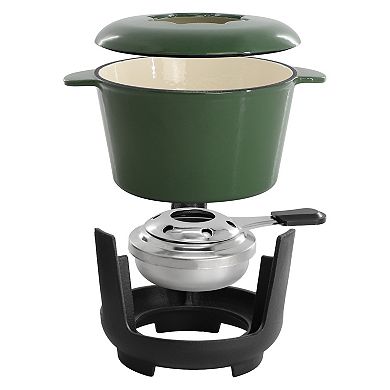 Enameled Cast Iron Fondue Pot with 6 Serving Forks in Green